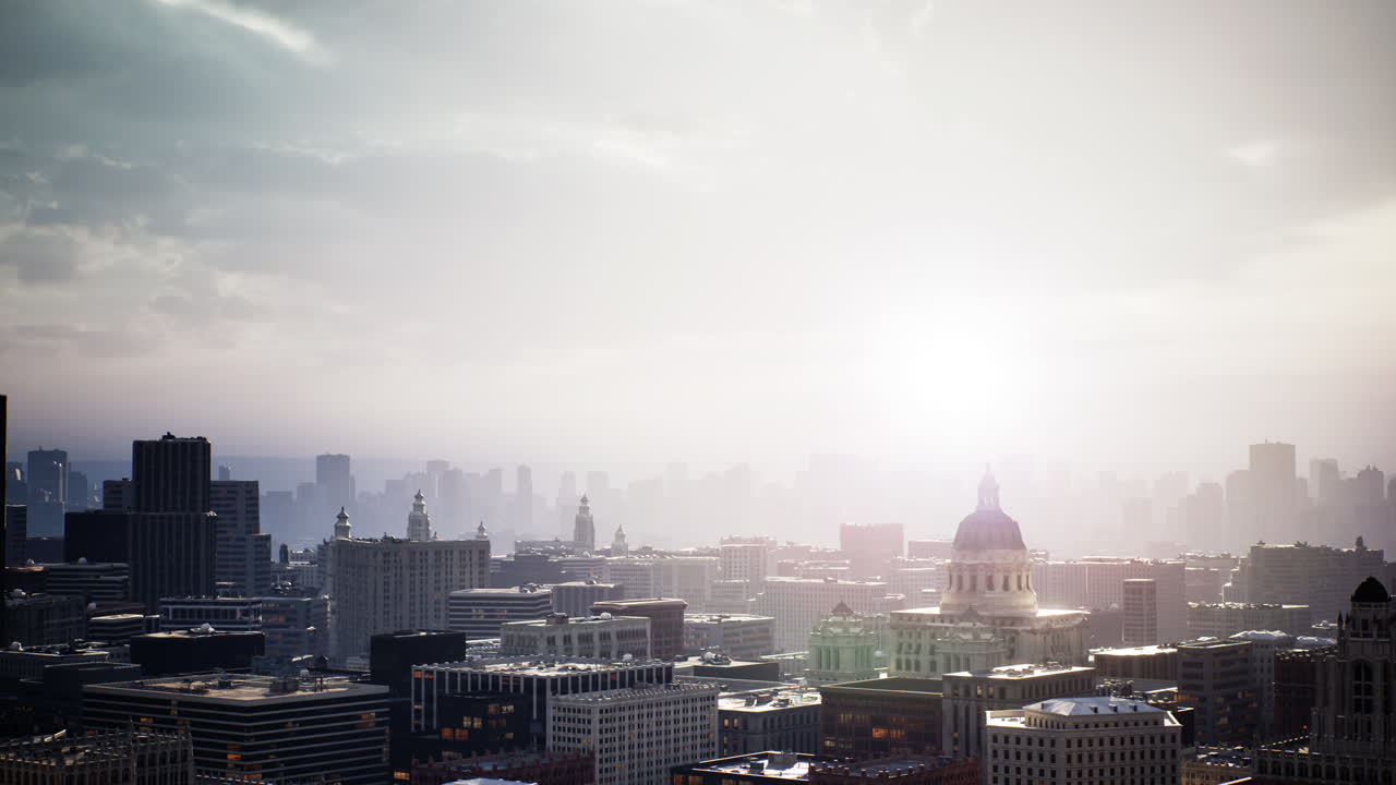 Dawn breaks over bustling metropolis with glowing skyscrapers and streets