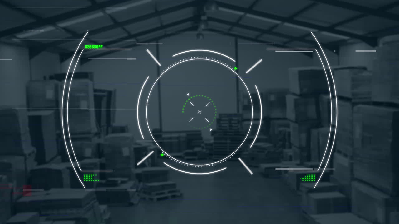 Animation of glitch effect and scope scanning against warehouse