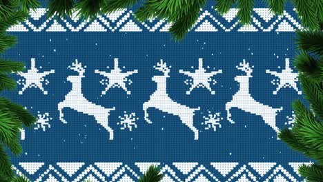 Christmas-tree-branches-over-traditional-christmas-pattern-with-reindeer-against-blue-background