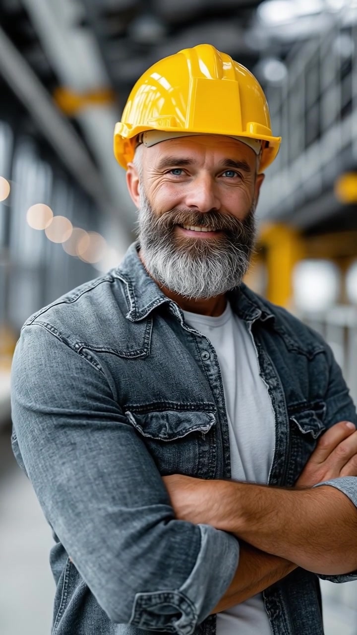 Smiling mature male construction worker in a yellow hard hat standing with crossed arms in a factory
