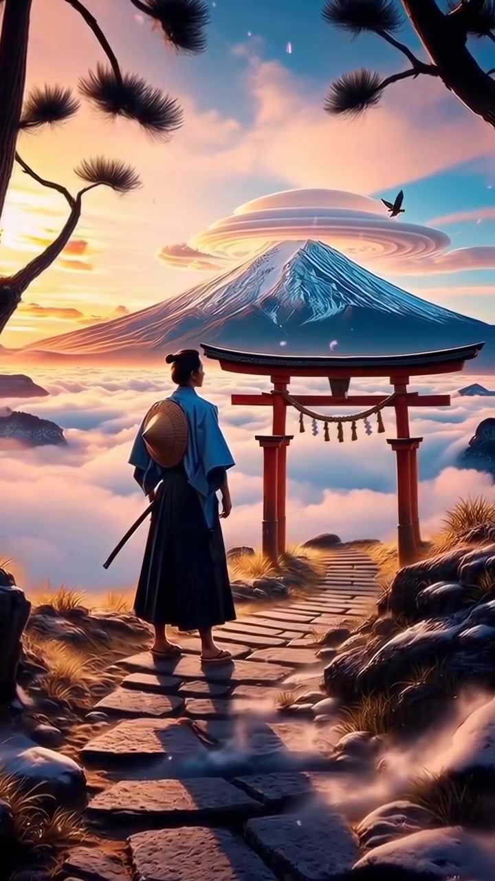 Samurai in piedi davanti a un Torii con vista sul Monte Fuji