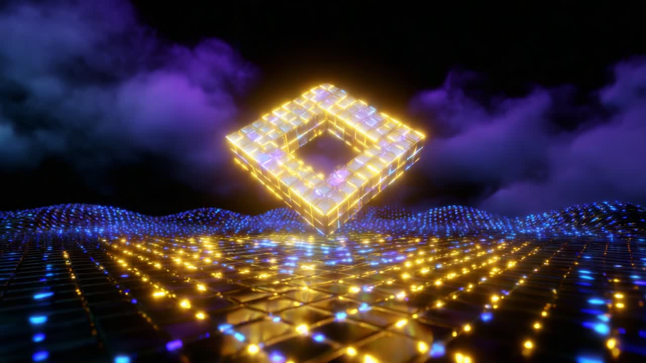 A Stunning Visualization of a Floating Cube Surrounded by Futuristic Lights and Vibrant Colors Set Against a Dark Cloudy Background, Showcasing Dynamic Patterns and Illumination in an Abstract Digital Landscape