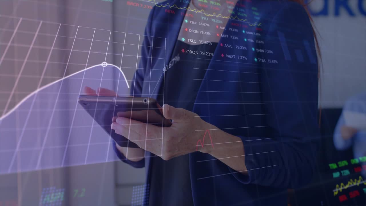 Donna che tocca il tablet e aggiorna un'interfaccia finanziaria, analizzando il mercato con nodi di tendenza in aumento e in calo.