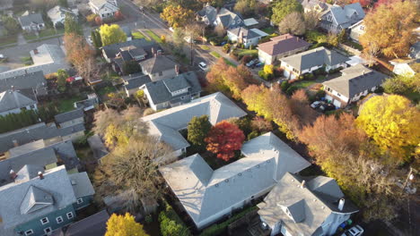 Drone shot over residential neighborhood in Portland in fall