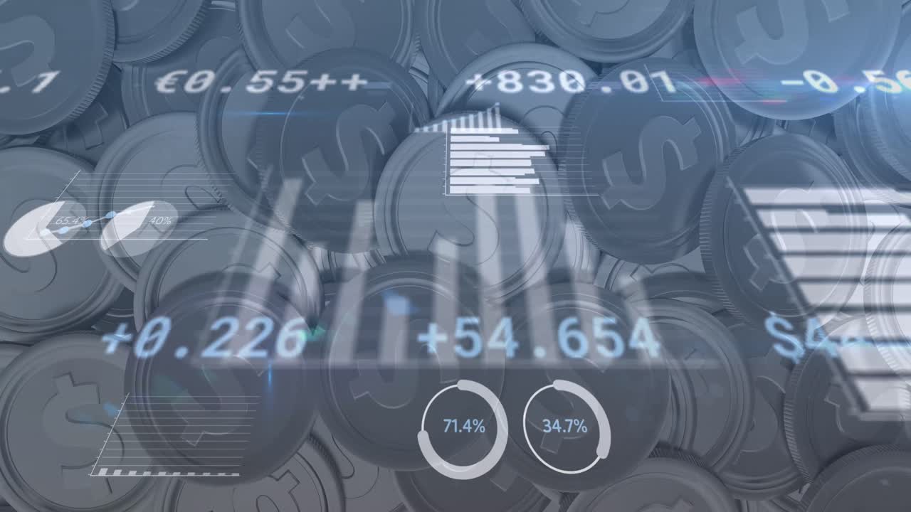 미국 달러 은 동전 위의 금융 데이터 처리의 애니메이션