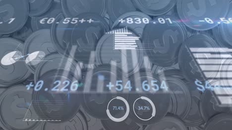 animation of financial data processing over american dollar silver coins