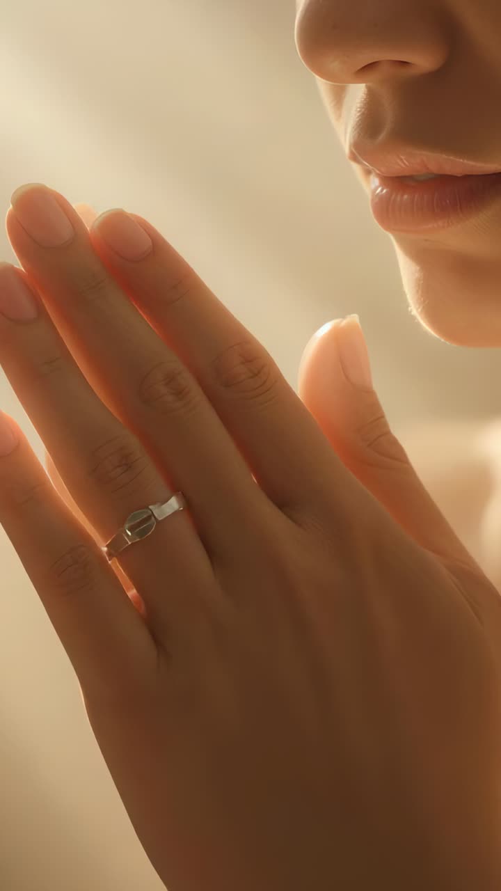 Vertical video: Lifting hands, woman holding them near mouth in room with silver ring, thinking