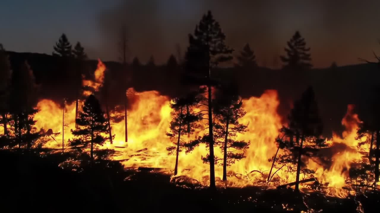 Violento Incendio Boschivo Avvolge la Foresta al Tramonto: Una Scena Drammatica della Furia della Natura e della Potenza Distruttiva delle Fiamme che Consumano Alti Alberi e Sottobosco