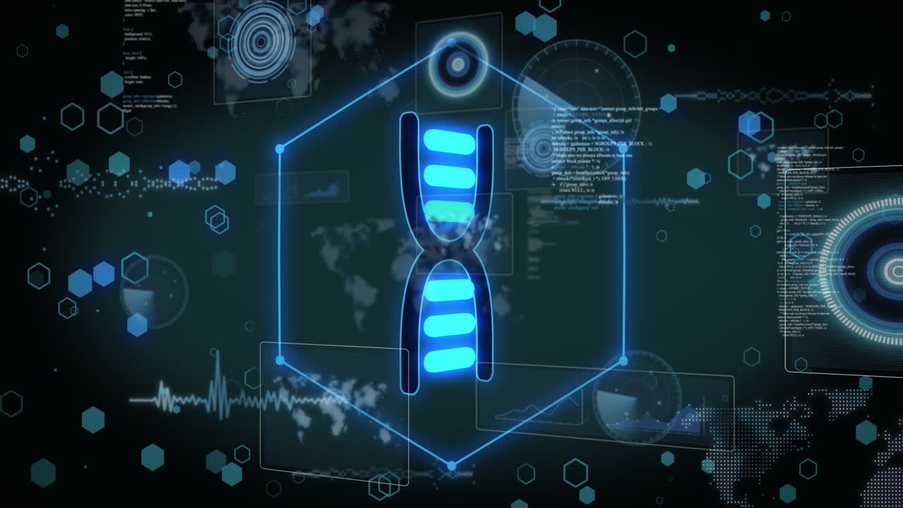 Animation of data processing and dna strand on black background