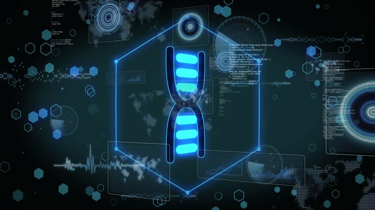 Animation of data processing and dna strand on black background