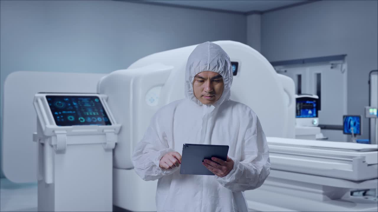 Asian Male Scientist Using A Tablet And Looking Around While Standing With MRI Machine In The Hospital