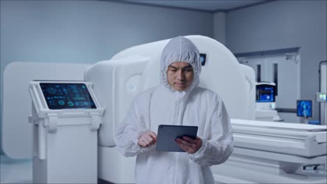 asian male scientist using a tablet and looking around while standing with mri machine in the hospital