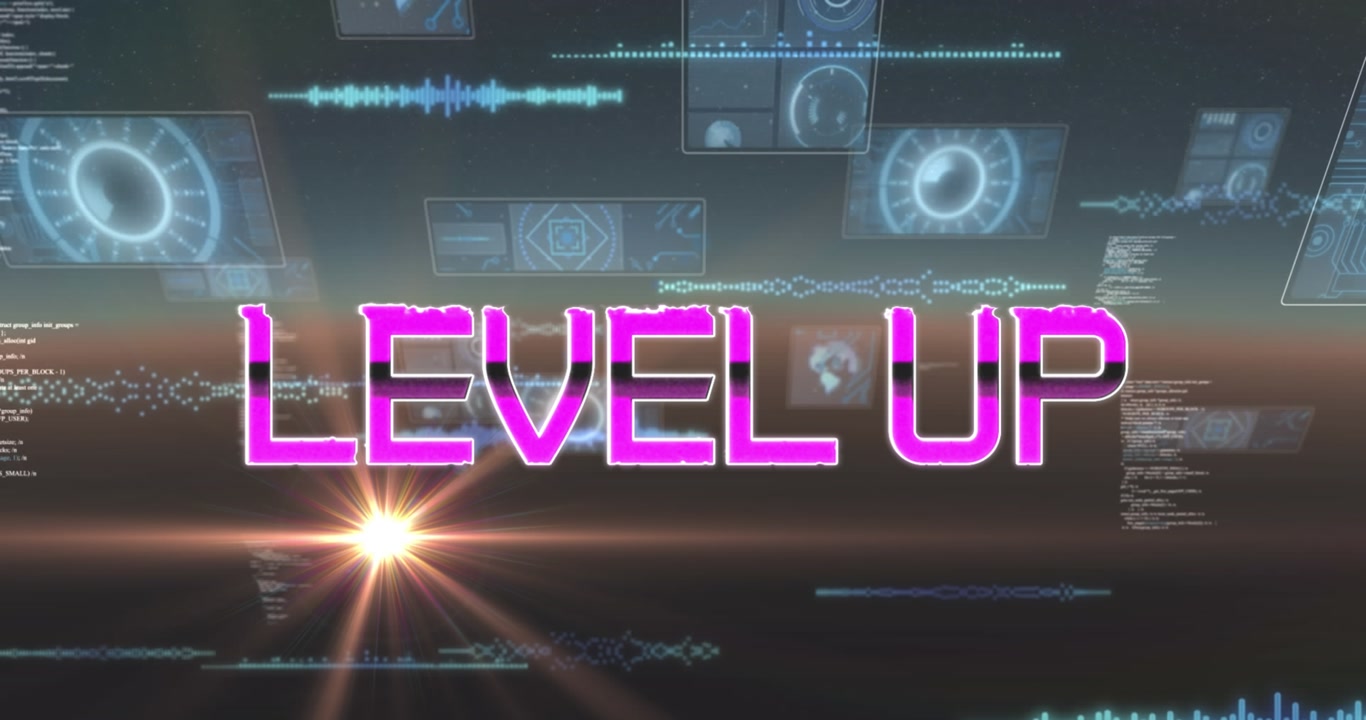 Animation of level up text over scope scanning and data processing