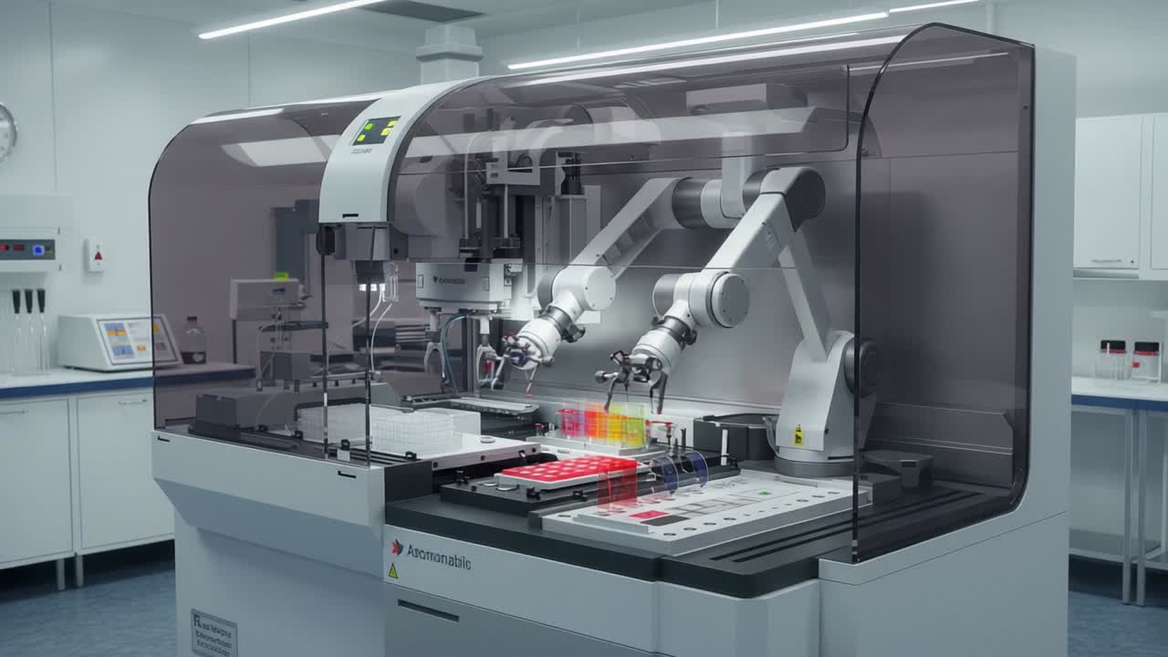 Advanced Robotic Automation in a Laboratory Setting Demonstrating Precision Handling and Sample Processing with Innovative Technology