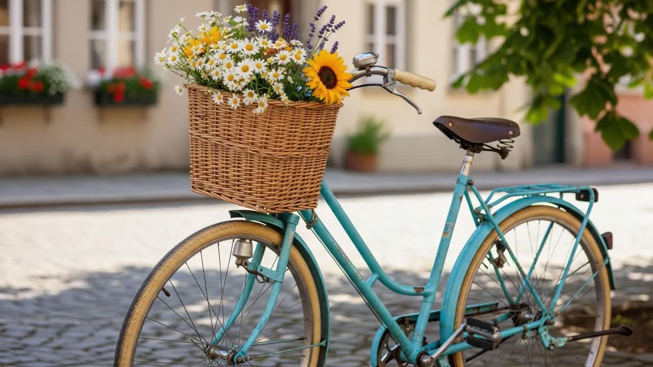 Un incantevole bicicletta vintage adornata con un bouquet colorato di fiori freschi in una pittoresca ambientazione stradale, che cattura l'essenza di una piacevole atmosfera diurna