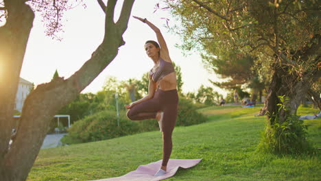 yogi woman practicing pose for balance exercising at sunrise. lady yoga asana
