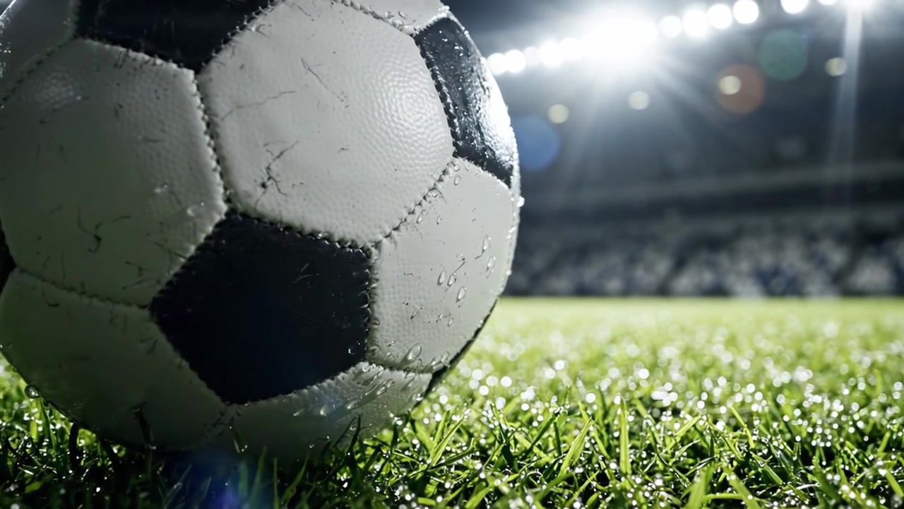 Et indblik i spillets hjerte: Nærbilleder af en slidt fodbold på en regnvåd bane under stadionlys.