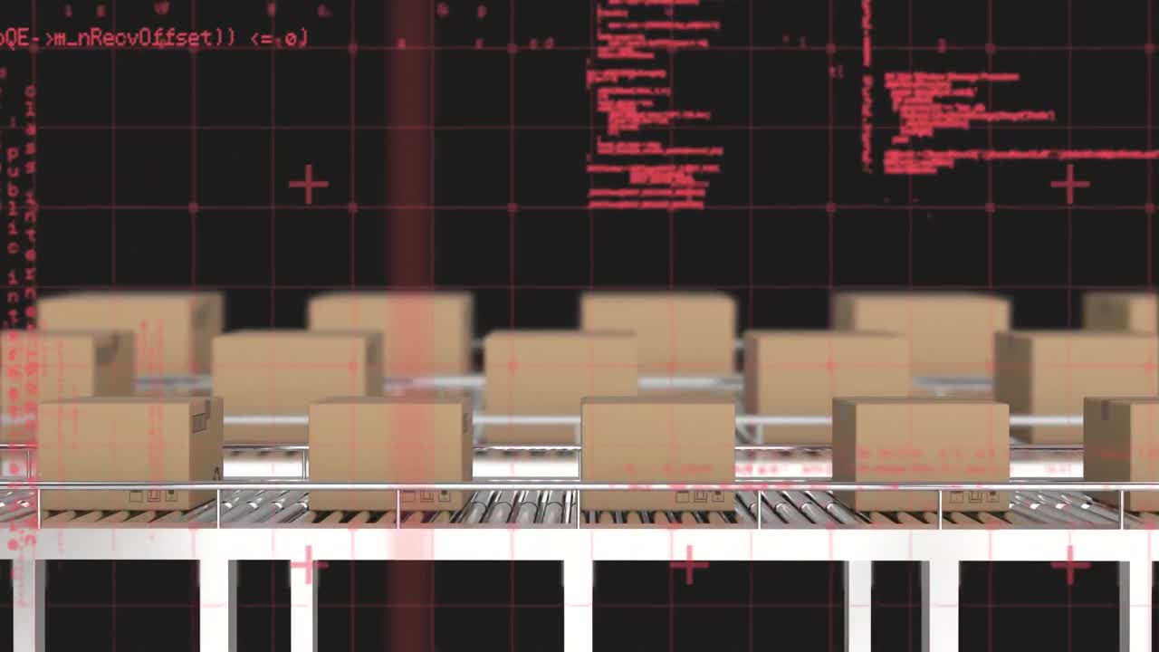 animación del procesamiento de datos a través de la red de red contra cajas de entrega en cintas transportadoras