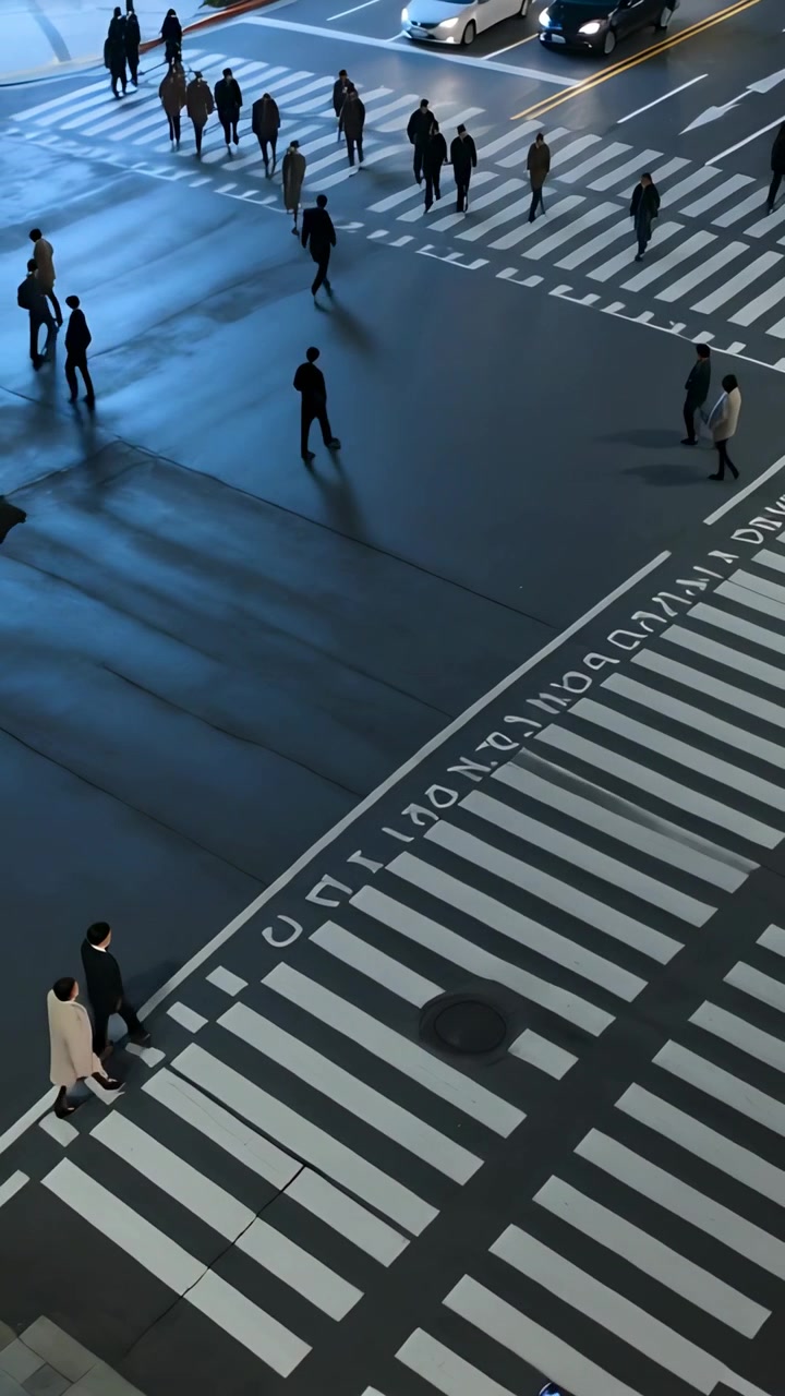 Vertical video: Stepping people crossing zebra crosswalk toward near curb, cars stopping, coats
