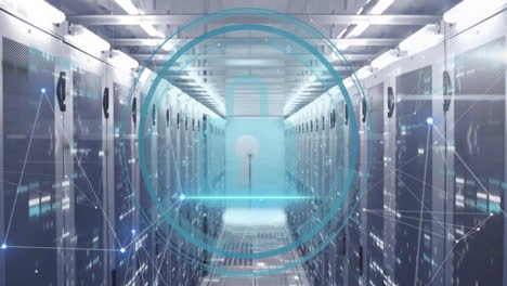 animación del icono del candado, procesamiento de datos digitales a través de servidores informáticos