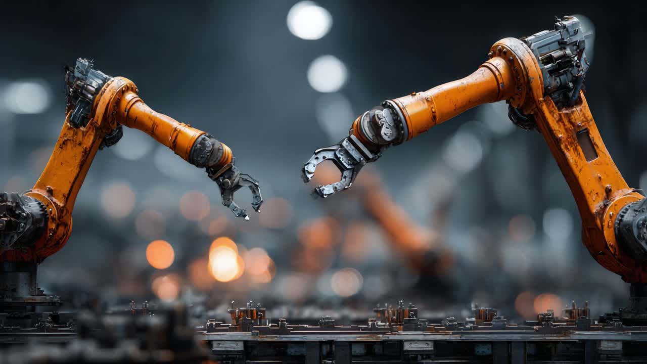 Robottarme udfører præcis fremstillingsproces, fremviser avanceret automatiseringsteknologi og industriel robotteknologi i aktion