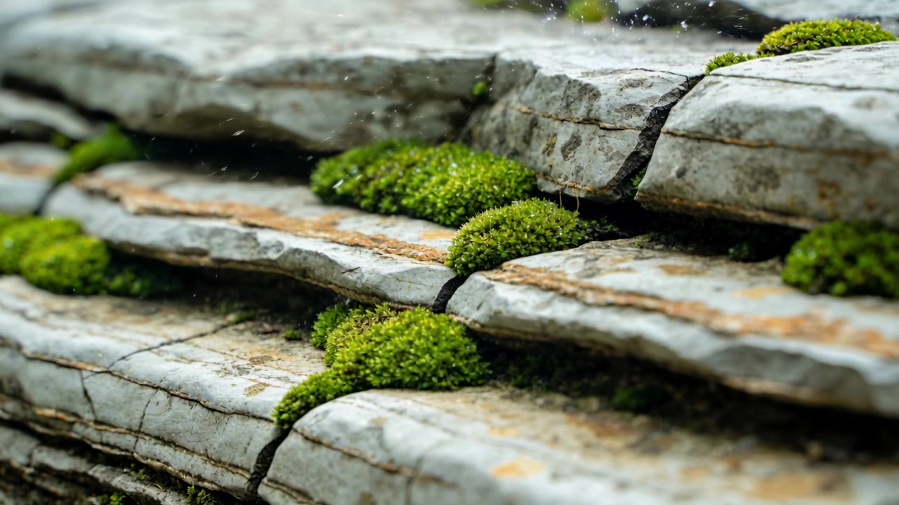 Telecamera con messa a fuoco variabile che mostra muschio verde su strati di roccia su una sporgenza ombreggiata, una leggera brezza che solleva polvere.