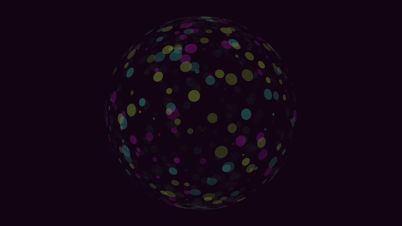 Koyu arka planda dönen soyut renkli puantiyeli küre, 3D animasyon