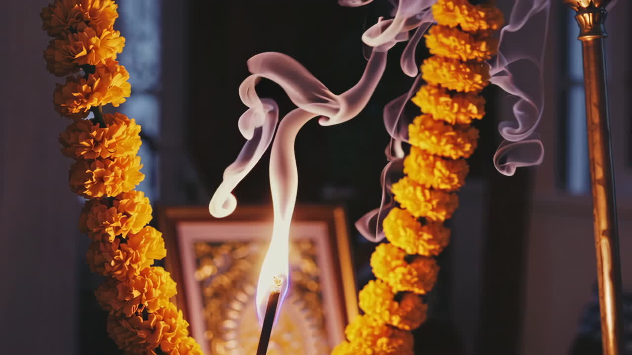 Incense Smoke and Marigold Garlands in a Spiritual Ritual