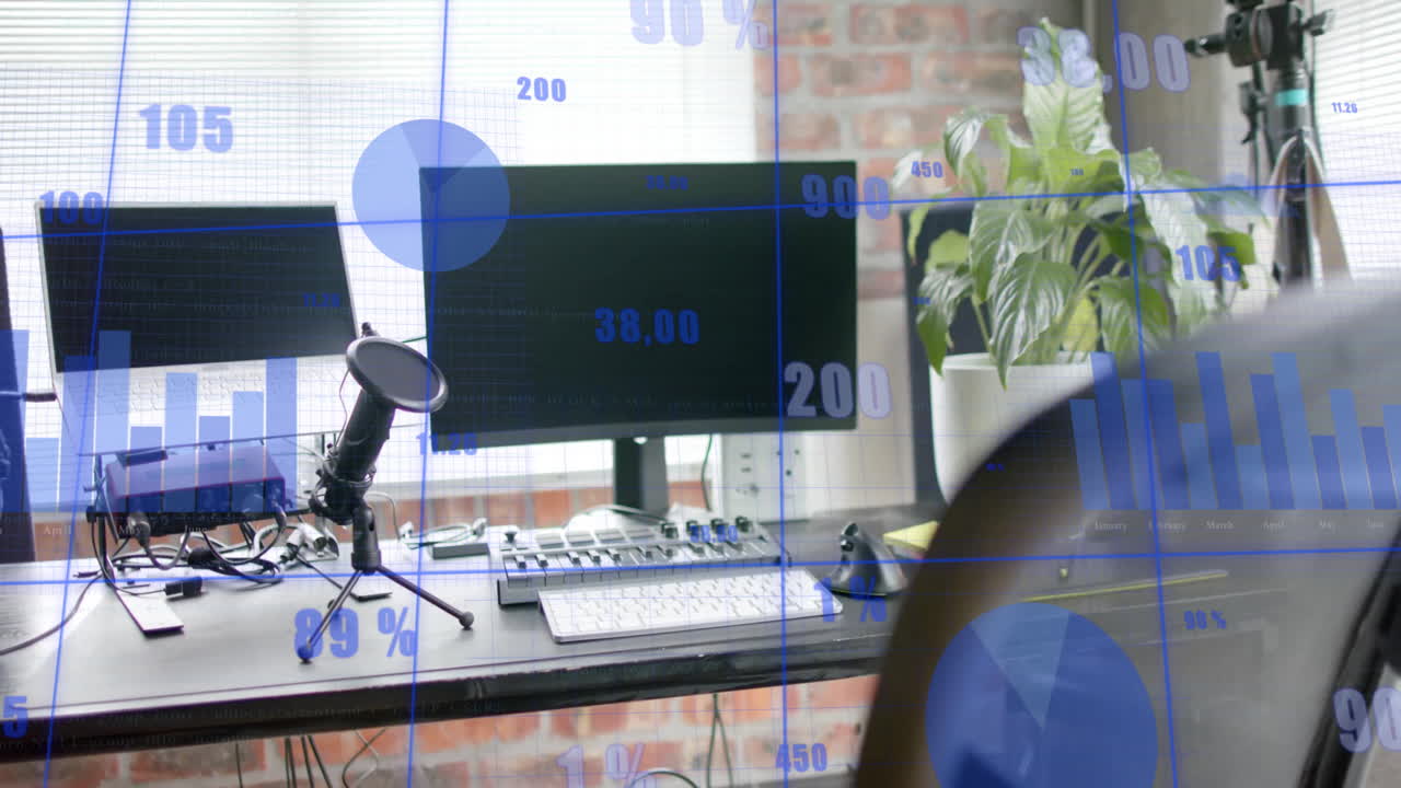 사무실의 책상 위의 컴퓨터를 통해 통계 및 데이터 처리의 애니메이션