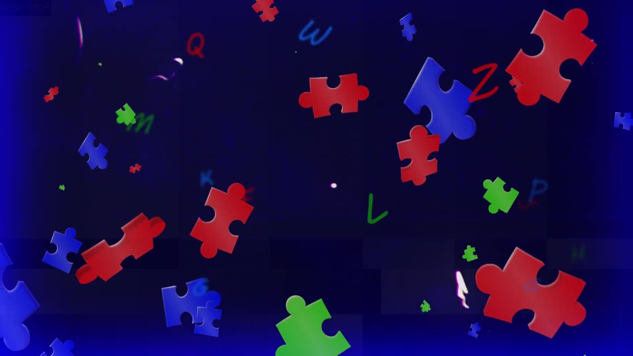 Animation of blue, green and red puzzles floating over letters on black background