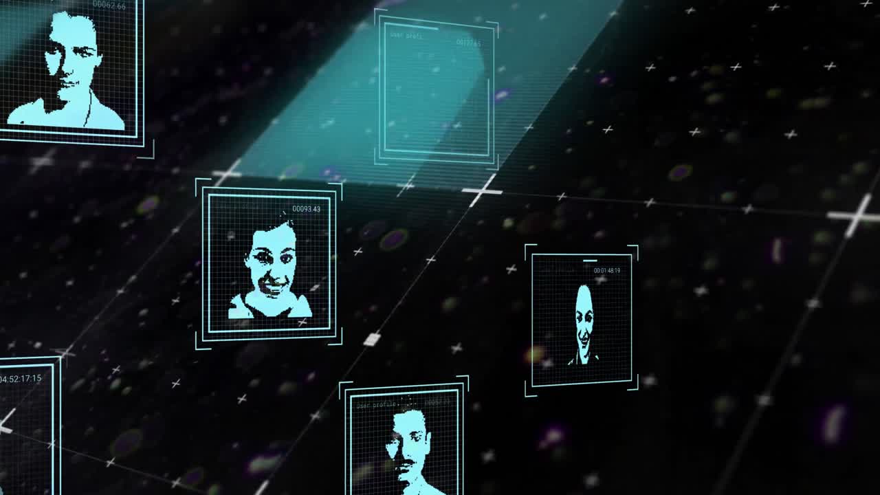 Animation of user photos, glitch and data processing in digital space