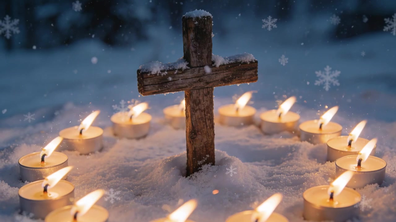 Camera focusing on weathered wooden cross on snow mound at dusk, showing tealights and falling snow