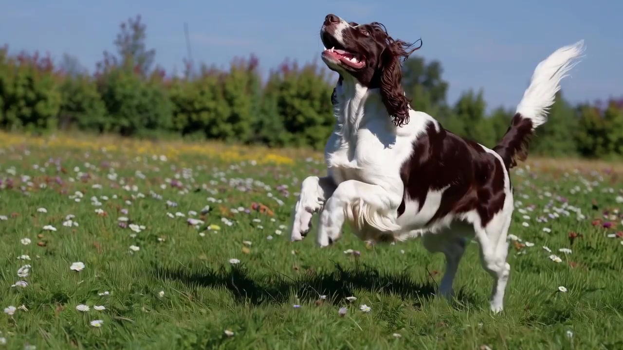 Springer Spaniel Inglese che corre e gioca in un prato