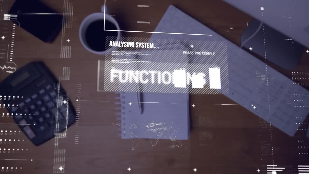 나무 사무실 테이블에 떨어지는 일기와 펜에 대한 데이터 처리 인터페이스의 애니메이션