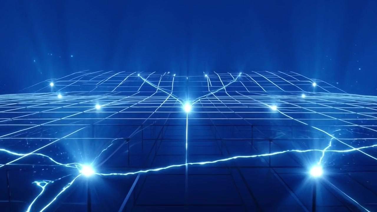 Abstract Digital Network Connecting Nodes on a Glowing Grid