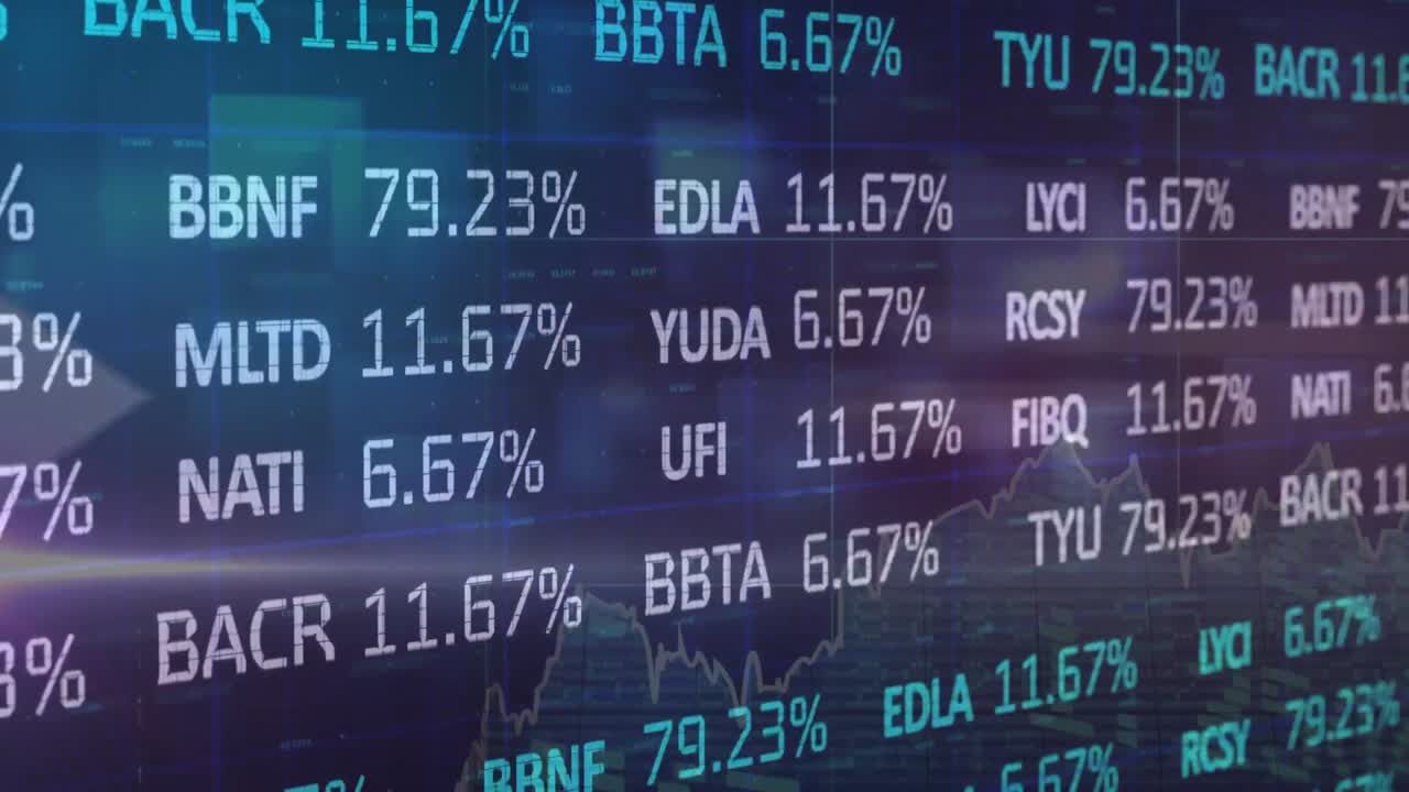 Digital animation of arrows moving over stock market data processing on blue background