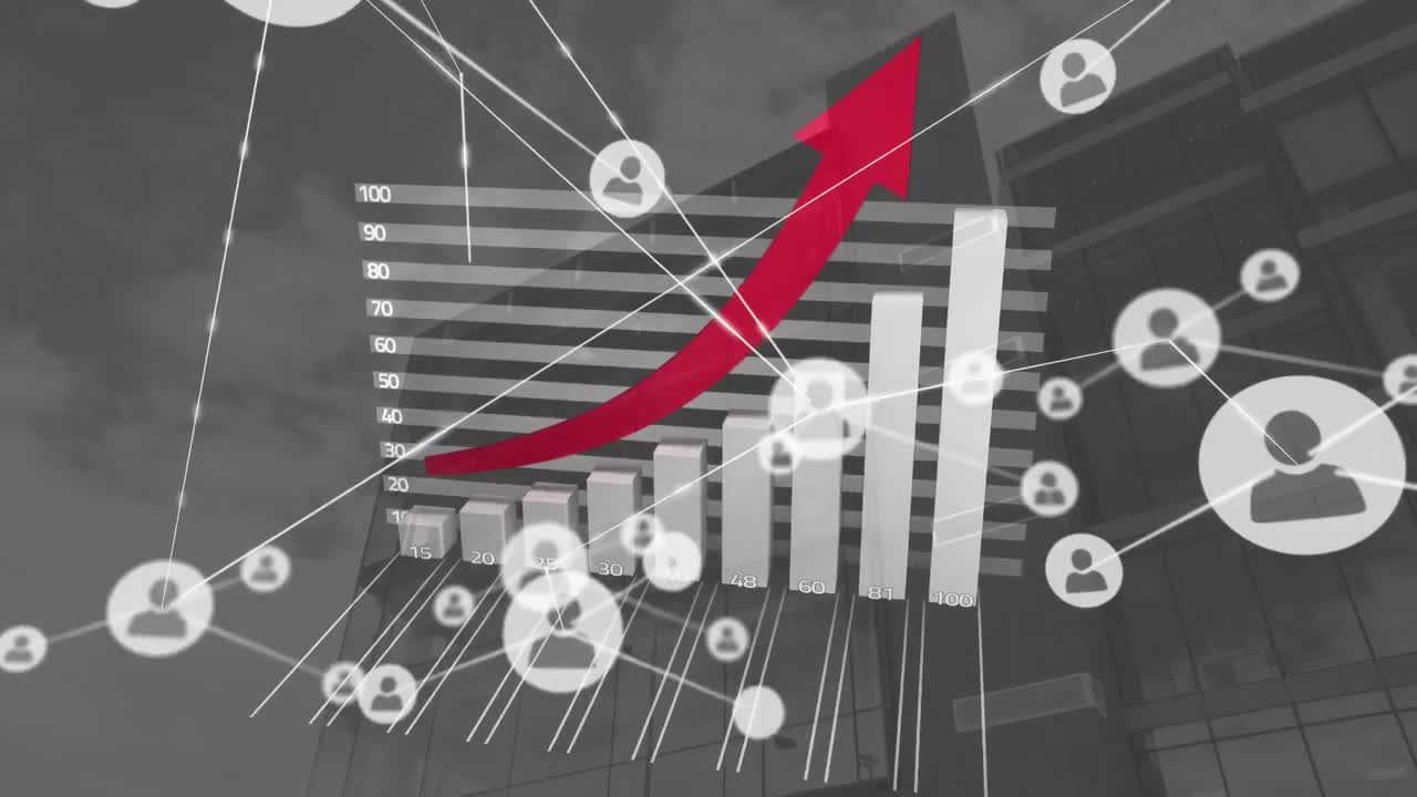 Animation of arrow, data processing and network of connections over cityscape