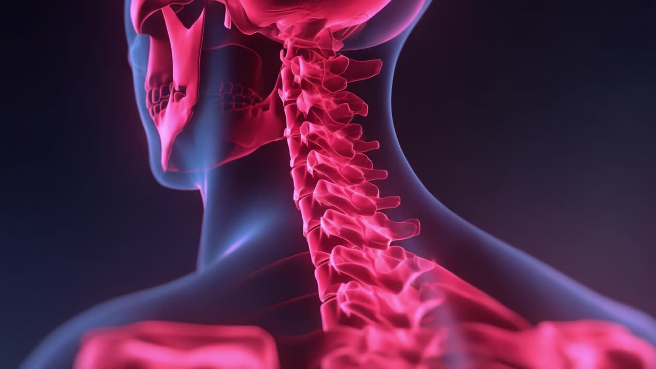 Visualizzazioni Anatomiche della Colonna Cervicale Umana: Esame Dettagliato delle Vertebre e delle Strutture dei Tessuti Molli in un Render Artistico