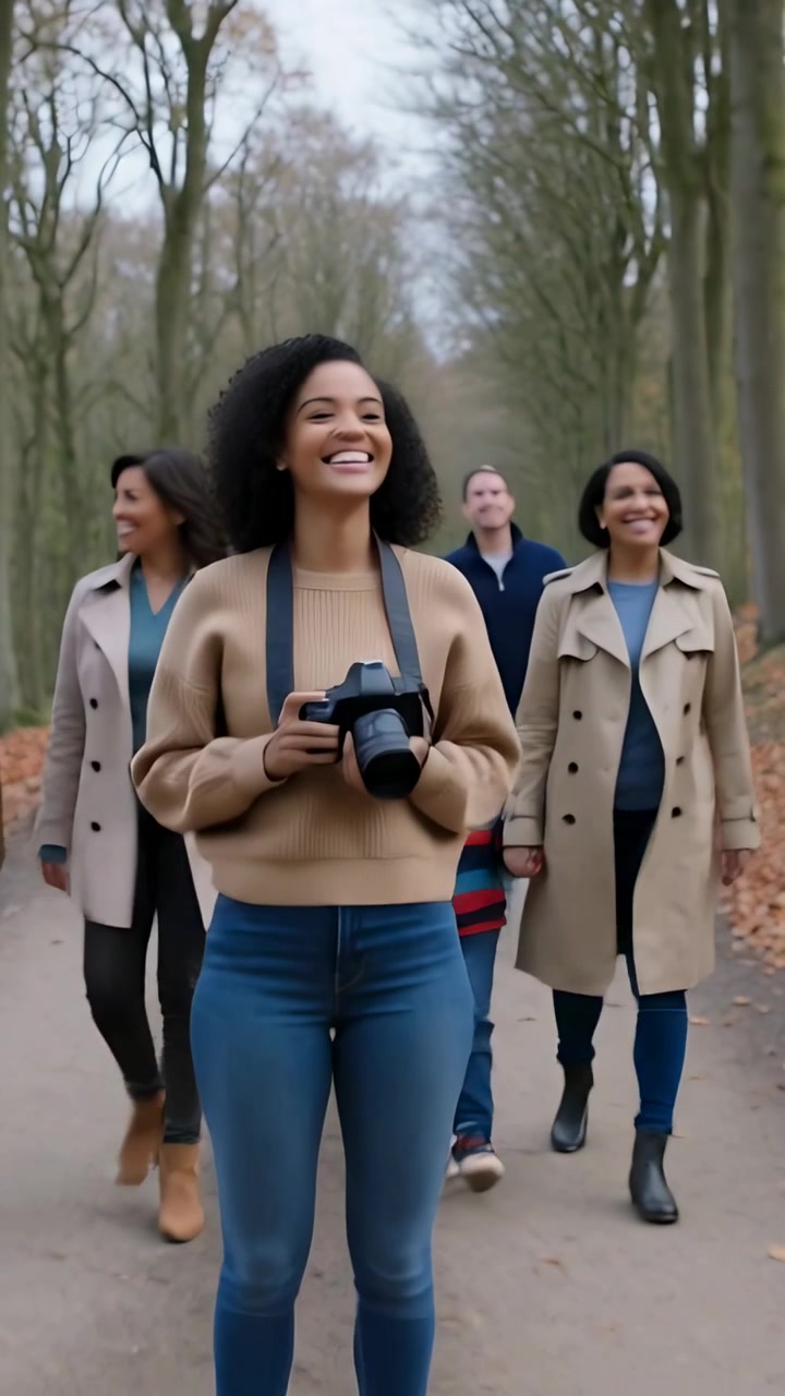Video verticale: Carrellata all'indietro che rivela una donna con un maglione beige che alza una DSLR per fotografare una famiglia al parco.