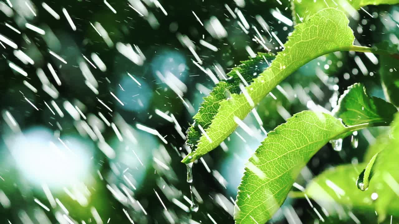 Heavy rain falling on leaves. Garden Irrigation. Slow motion.