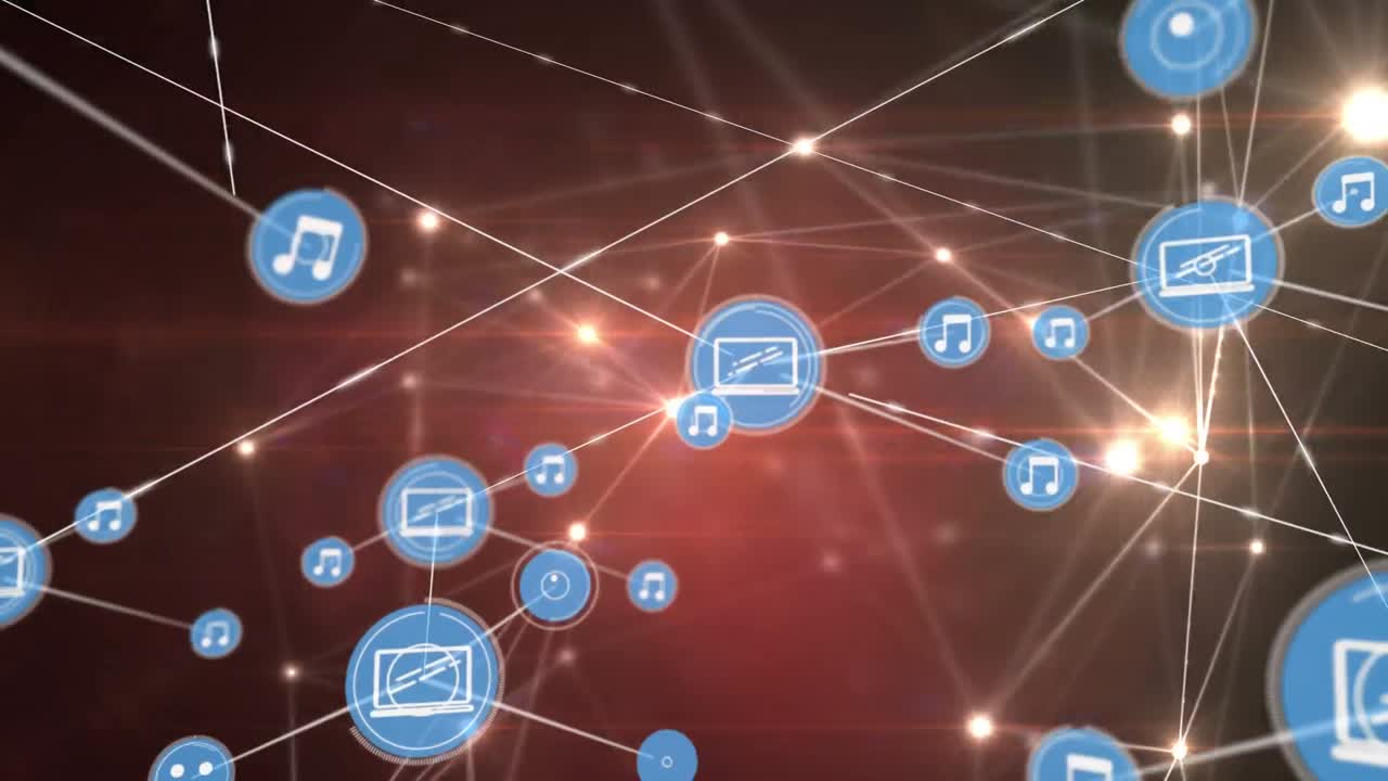 빛나는 반점이 있는 아이콘으로 연결된 네트워크의 애니메이션