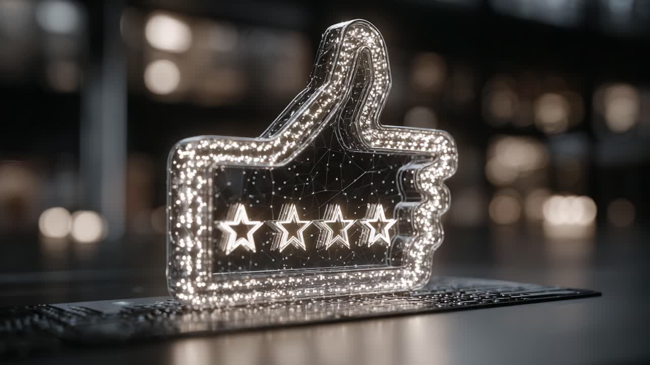 A Glowing Representation of Excellence: This Illuminated Five-Star Thumb-Up Icon Symbolizes Premium Quality and Positive Feedback in a Digital Context