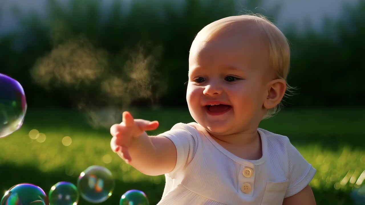 Happy Baby Playing with Bubbles Outdoors
