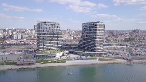 Slow-steady-4k-aerial-panorama-of-towers-of-Belgrade-Waterfront-and-Sava-river