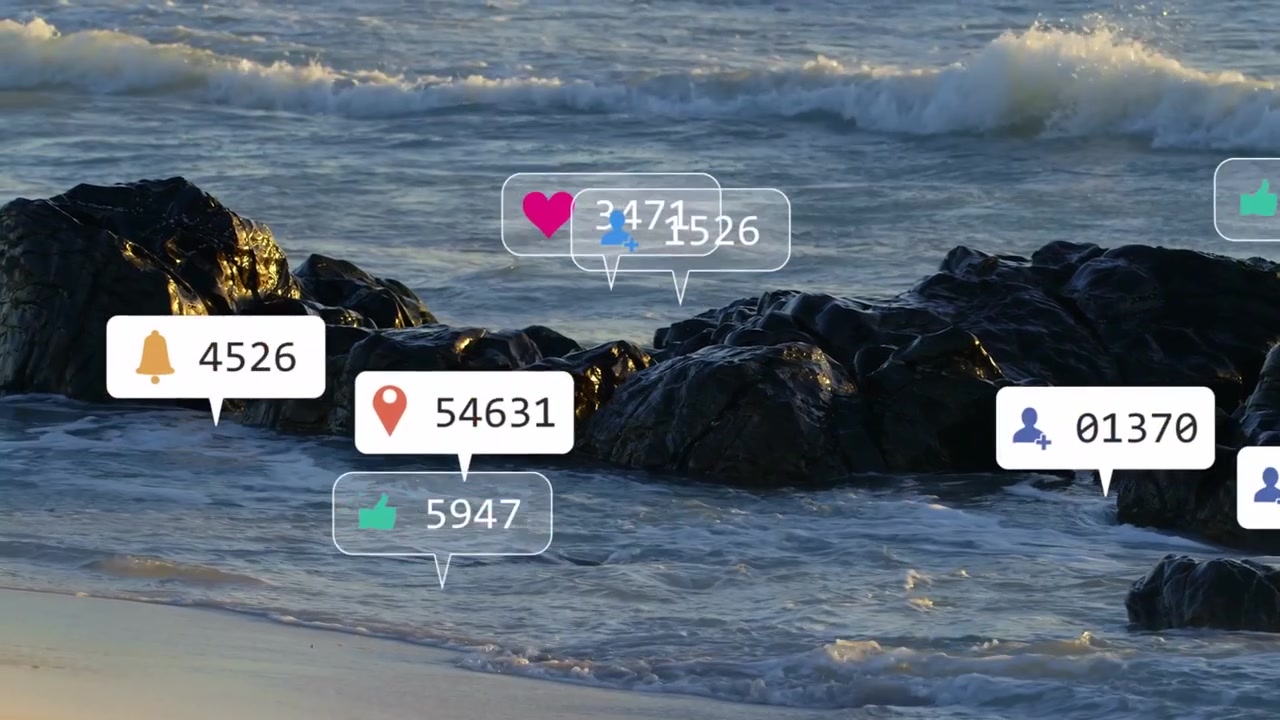 Balões de notificação a partir do quadro 2 sobre uma costa rochosa, agrupando-se para mostrar um engajamento crescente