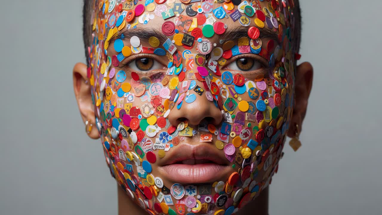 Opening model's eyes, camera rolling in studio, revealing stickers on face, septum ring, gold hoops