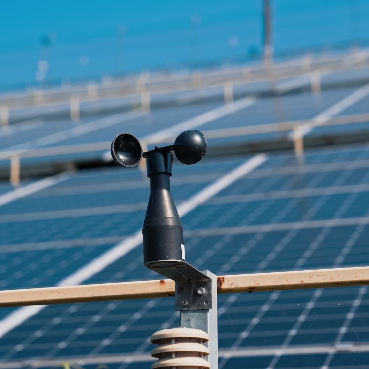 Industrial blower on the background of blue solar panels. Modern photovoltaic solar panels. Renewable ecological source of energy from the sun. Close-up