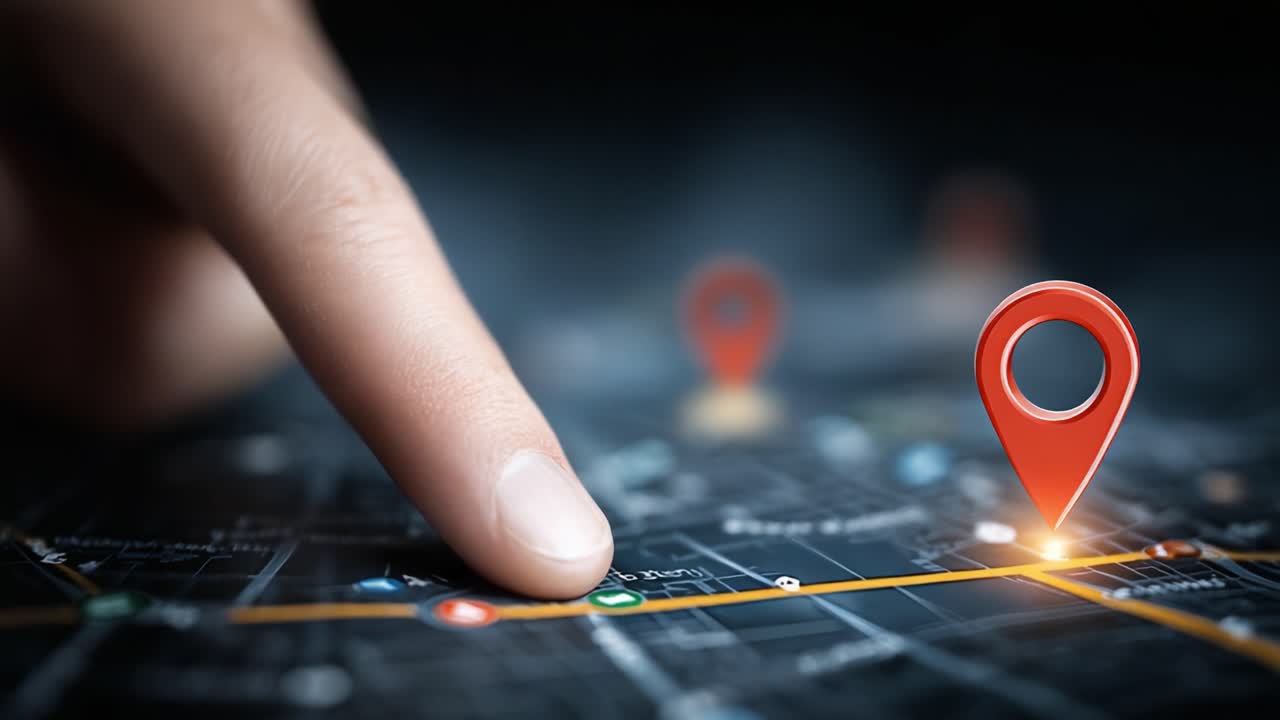 Exploring the Urban Landscape: A Close-Up of a Finger Interacting with a Digital Map, Highlighting Key Locations through Vibrant Pin Markers