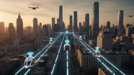 futuristic cityscape with autonomous drones and air traffic network: a view of high-tech urban mobility in a modern skyline