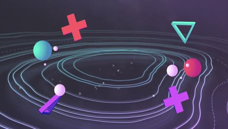animación de formas abstractas que se mueven sobre líneas en un fondo oscuro